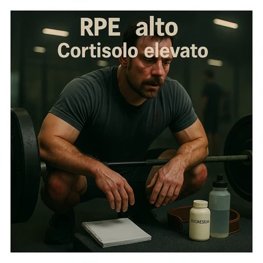 Replace the floating icons above the head with clear and readable Italian text: 'RPE alto' and 'Cortisolo elevato', maintaining the cinematic style and original color palette of the image. sticker