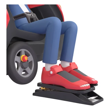A clean 3D emoji-style illustration of a single right foot pressing down on gas pedal. Only the foot and the pedal are shown, viewed from the side. The pedal is slightly tilted to show pressure. No background, simple colors, minimal details sticker