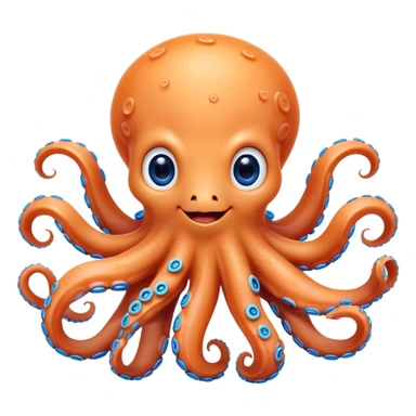 Cinematic Cute smiling Octopus Portrait Emoji, Head tilted playfully and inquisitively, featuring a rounded, light orange body embellished with playful blue rings, eight adorably curling arms, and big, twinkling eyes full of wonder, Simplified yet irresistibly adorable features, highly detailed, glowing with a warm, inviting underwater glow, high shine, affectionate and lively, stylized with a touch of whimsical cartoon charm, soft glowing outline, capturing the essence of a mischievous yet loving octopus that seems as if it could bob out of the screen into your arms! sticker