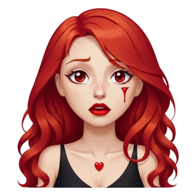 a crying woman with long red hair and red eyes. The woman wear a black little cutted dress. She have red lipstick and she have a seductive look. She cry tears sticker