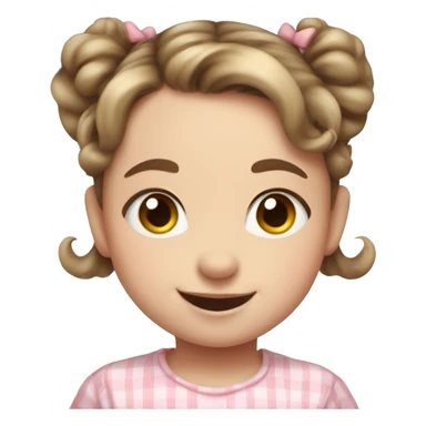 A toddler girl with 2 tiny pig tails on top of her hair with tiny bows, fair skin, blue eyes, brown hair, smiling, wearing a pastel shirt sticker