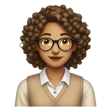 smiling indian teenage girl with curly hair and glasses wearing a collared long sleeve white shirt under a beige v shaped collar sweatervest with no buttons sticker