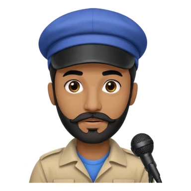 arabic streamer man with short black beard, short black mustache, black eyebrows, and a cap, with a microphone sticker