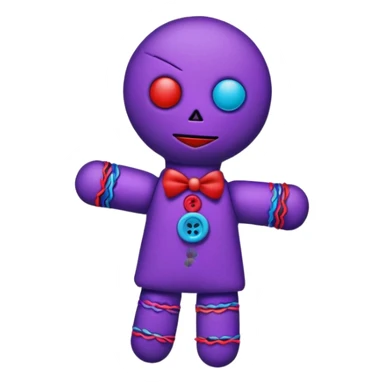 A colorful voodoo doll with bright fabrics in purple, red, and blue, with decorative buttons and pins sticking out sticker