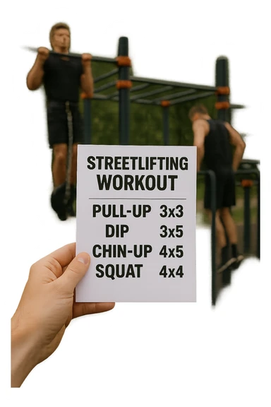 a close-up of a hand holding a printed streetlifting workout routine, with the exercises and sets written in bold text. In the background, an outdoor gym with pull-up bars, dip stations, and athletes wearing weighted belts. The lighting is natural, and the mood is motivational. sticker