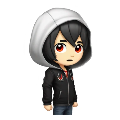 masterpiece, anime style, chibi, illustrated logo, medium short shot, twitch emote of a boy with red eyes, black hair, white locks, shoulder length hair, black jacket. sticker