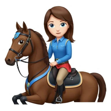 A brown hair, blue eyes girl riding a bay horse with black saddle and bridle sticker