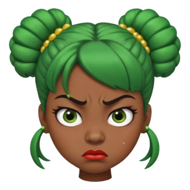 Create a 3D cartoon-style girl character with dark skin, round face, angry expression, big wide eyes, and tightly styled double buns made of green beaded hair. The girl should look irritated, eyebrows sharply angled, and lips pressed in a frown. sticker