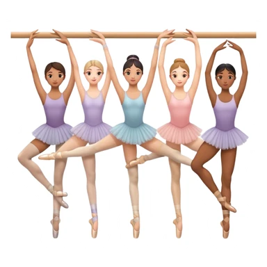 "Icon for Choreography: a group of dance students stretching, holding one hand on a long barre along the wall. The icon should capture the disciplined and graceful nature of ballet practice. Transparent background. sticker