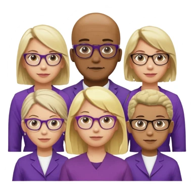 FIVE person team; 2 men and 3 women.  All dressed in yellow or purple.  
1 caucasian woman with blonde mid length hair
1 caucasian woman has ash blonde hair tied up.  
1 man is African-american and bald
1 man is caucasian and very little hair left.  
All have glasses sticker