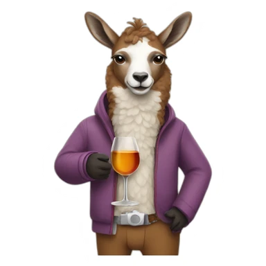 Lama wearing pants drinking wine with a dog sticker