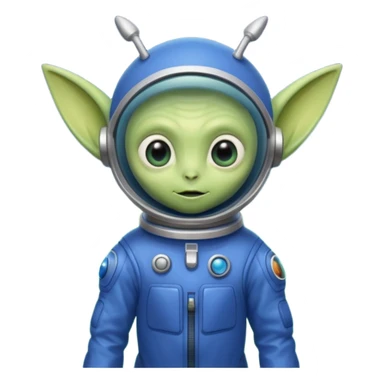 Small green alien with 3 eyes and one skin colored antenna on top of his head and pointy ears wearing a blue space suit  sticker