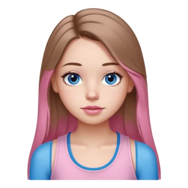 Create a TEENAGE girl with LONG and straight light brunette hair with a middle part, light skin, light freckles, and blue-gray eyes. She will have pink lips and LONG eyelashes. She will be wearing a light pink tank top sticker