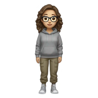 Full body Girl wirh Brown hair and round glasses and a grey hoodie and cargo pants sticker