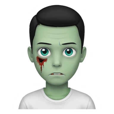 boy zombie with blue eyes and slick back middle part black hair green skin and white t shirt sticker