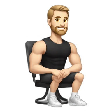 Pale skinned Fit Man With the biceps and dark brown hair in black shirt, gray sports shorts and white Sneakers Sitting on a chair sticker
