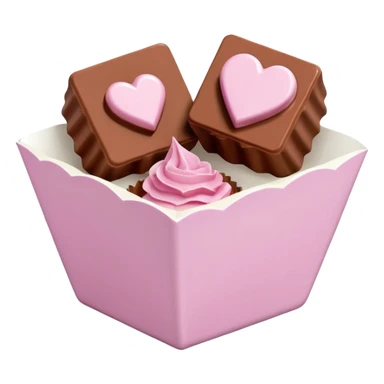 Two sharp-edged square milk chocolate pralines placed diagonally, each in a white fluted paper candy cup, with smooth glossy coating.
Flat thin pastel pink heart icing centered on top with subtle sugar crystal sparkle, clean studio lighting, pure white background, realistic minimal emoji-style. sticker