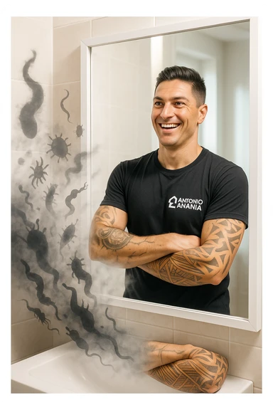 a man stands, looking relieved and revitalized as he examines his reflection in the mirror. In the foreground, stylized, shadowy images of parasites (such as worms or protozoa) are shown leaving his body, dissolving into mist or fading away. His posture is upright and his expression is one of newfound energy and health. sticker