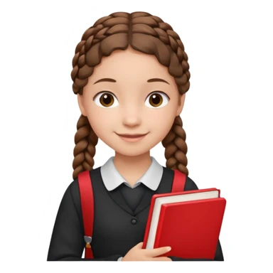 brown braid hair girl kid, student, black gile, red book sticker