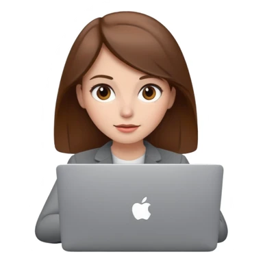 memoji of a brown hair white skin female with a grey laptop in front, apple-style, modern sticker