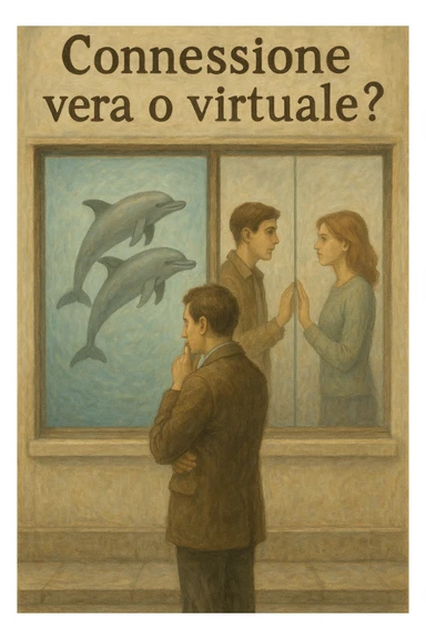 Vertical format: An Italian text 'Connessione vera o virtuale?' with a man reflecting in front of a shop window: on one side two dolphins swimming in sync, on the other side a human couple separated by a screen, symbolic and thoughtful. sticker