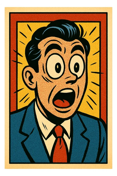 a surprised character with big eyes, old school comic book style sticker