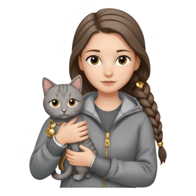 a white girl with long brunette hair in braid that is over her shoulder. shes holding a grey cat. the girl has long lashes and has on a grey zip up that is half way zipped  and under a white shirt and gold jewelry that is gold bracelets. sticker