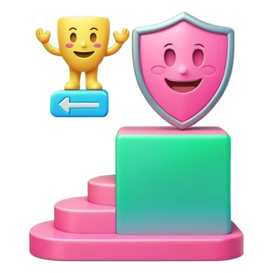 Minimalist 3D emoji-style podium with 2 steps on a green chroma key background. Step 1 (higher) features a handshake icon with blue neon glow. Step 2 (lower) features a smiling tooth with a shield icon and pink neon glow. Clean rendering, soft colors, uniform lighting sticker
