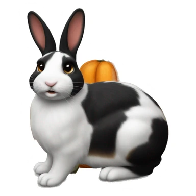 Dutch bunny with orange, black and white striped fur, sitting next to a realistic carved pumpkin  sticker