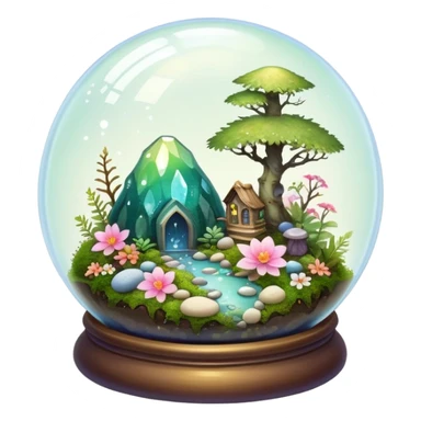 Sparkly shiny iridescent Mystical woodland glass-dome-terrarium-globe with moss inside, with marbles, with pebbles, crystals, with bones inside, and flowers inside  sticker