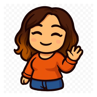 Sticker style chibi emote, matching the attached green heart emote as a base, but with a slightly skinnier body and a bigger chest. Woman from reference, orange sweater and blue jeans, waving hello, cute friendly face, no headband, no wand, no green heart, transparent background. Top color should not match jeans. sticker