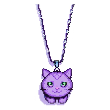 pixel art purple cat with a black eye, white pupils, and a moon necklace sticker