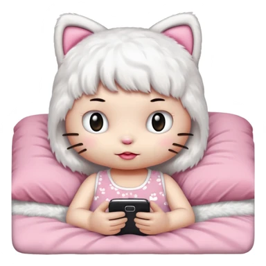 hello kitty without a mouth tucked into bed and using her phone sticker