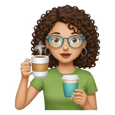 White girl with dark brown curly hair, brown eyes, sky blue glasses, nose ring, green t shirt, drinking coffee from a glass cup sticker
