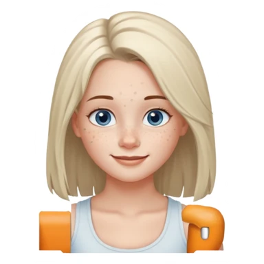 Una chica de tez blanca con pecas, nariz respingada, labios gruesos, ojos grandes color azul grisáceo, pelo largo, lacio, color avellana. Con una blusa de tirantes blanca. Que este sonriendo y q solo se vea de la cintura hacía arriba sticker