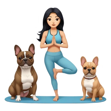 latin woman in a yoga outfit with long black hair standing alongside two French bulldogs emoji
 sticker