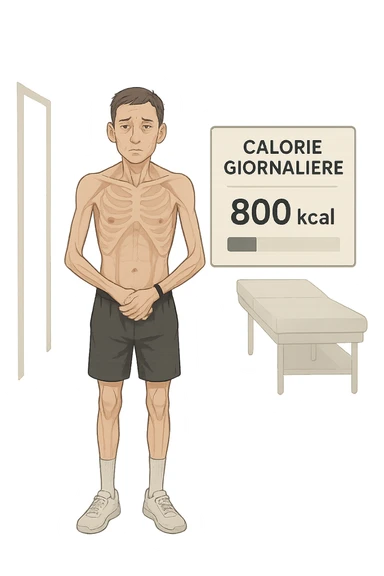 a lean man stands in a clinical setting, with a semi-transparent overlay showing reduced muscle mass and minimal fat stores. His expression is slightly fatigued, and a digital chart beside him displays a low daily calorie intake. The background is clean and modern, emphasizing the effects of a low-calorie diet. con scritte in italiano sticker