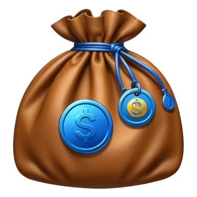 brown money bag with a blue coin  sticker