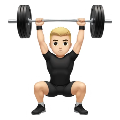A boy with wheat color skin, black front spike and wearing a black shirt is doing an overhead squat with a lot of weight on the barbell sticker