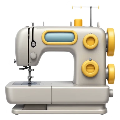 Emoji of a modern sewing machine inspired by a Brother machine. Soft, rounded shapes in the style of Apple emojis, with subtle gradients and soft shadows. White body with light gray details, a yellow spool on top sticker