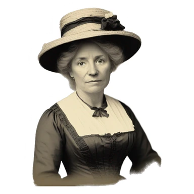 black and white photo of middle-aged women in 19th century. wearing dress. Long, blond hair. full body in picture. wearing hat. sticker