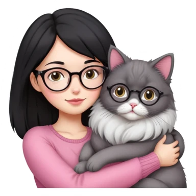 Beautiful skinny woman medium black hair with oval glasses in pink outfit hug persian-angora grey cat sticker
