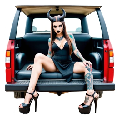 Sensual queen long brown straight haired mafia woman with black shiny platform high heels on her feet, black devil horns on her head, tattoos on arms , holding a human dead man skull. in the back seat of a large big new model F350 pickup truck full of cash wearing long sex dress with big butt sticker