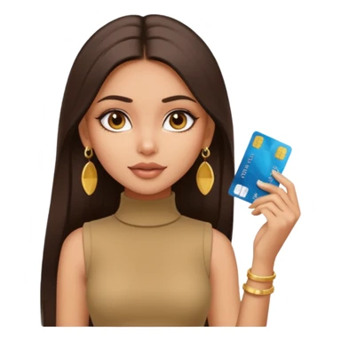 a pretty bratz fair indian girl wearing a beige sleeveless turtleneck, golden earrings, straight ling hair, holding bank cards, dark brown hair sticker