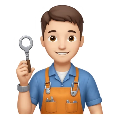 locksmith portrait, head and shoulders only, wearing work apron collar, holding a key near face, friendly confident smile, tool belt strap visible, 3D cartoon, mobile game icon style, clean background, no text, no watermark

 sticker