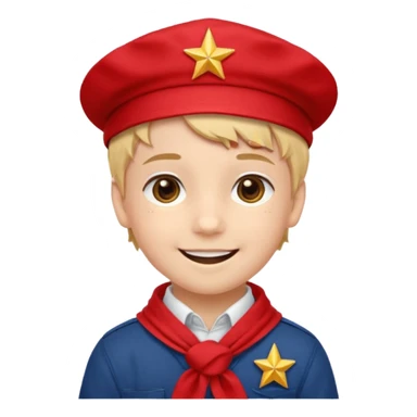 A Soviet pioneer emoji — smiling young boy wearing a bright red tie (pioneer neckerchief) and a red pilotka cap with a small gold star badge. White shirt, neat and cheerful, minimal flat emoji style, simple colors, clear outlines, professional emoji design. sticker