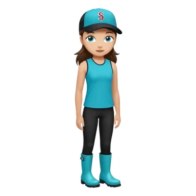 A landscaper in a beautiful turquoise longsleve and turquoise rubber boots, black pants, and a black sleeveless shirt. On her head is a black color Swissotel baseball cap. The girl is a brunette with blue eyes. sticker