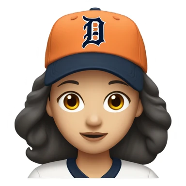 Asian girl with brunette hair wearing a Detroit Tigers baseball hat sticker