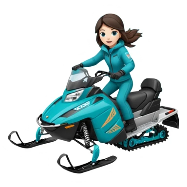 Can you create an emoji of a brunette girl on a teal polaris khaos 850 155 snowmobile doing a wheelie with snow flying sticker