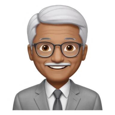 60 yr old indian man, short straight white hair brushed foreward , light grey business suit, big smile, dark brown skin, no moustache, dark brown eyes, glasses
 sticker